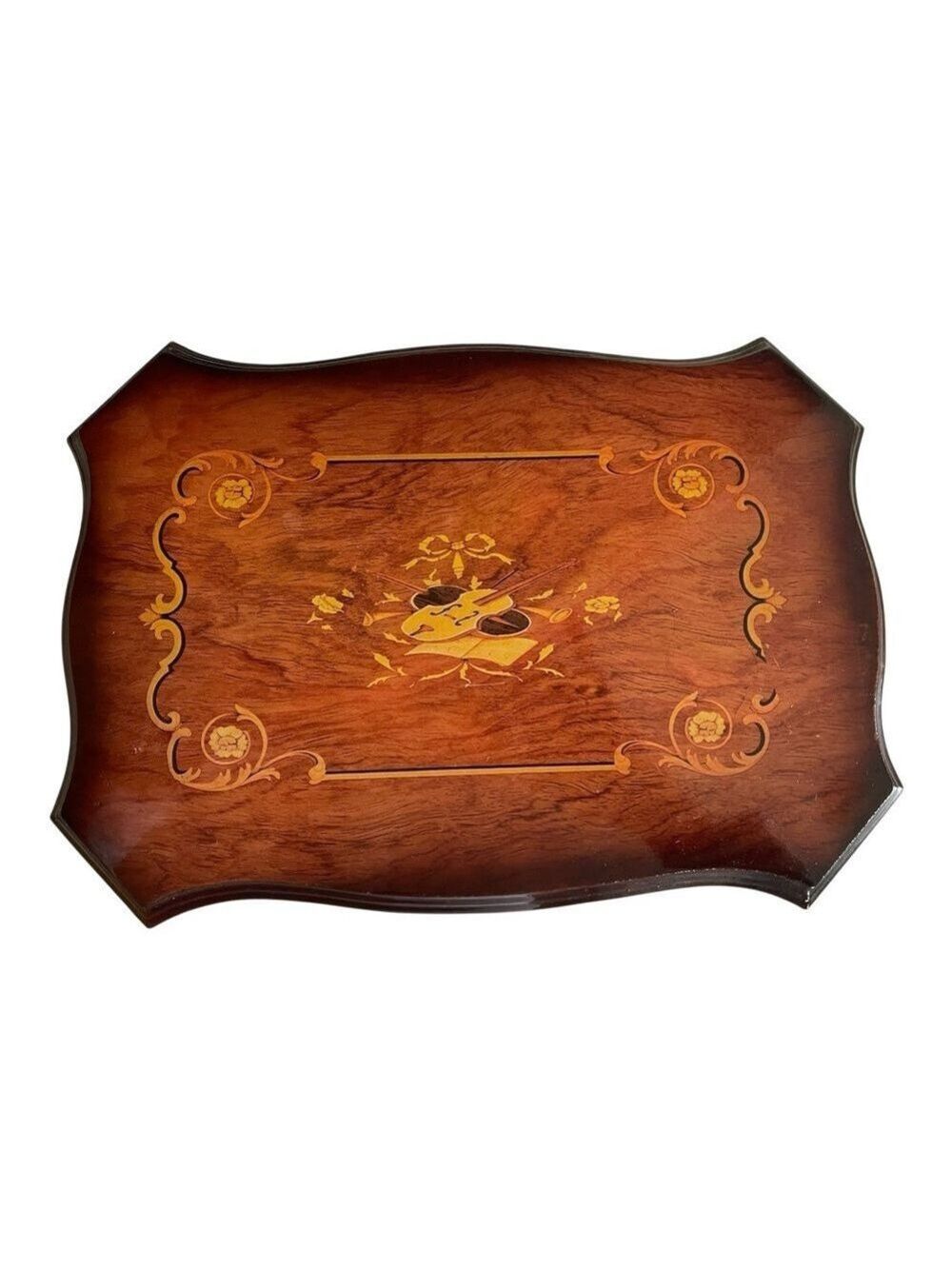 Vintage Wooden Jewelry Box Violin Inlay Glossy Scalloped Edges